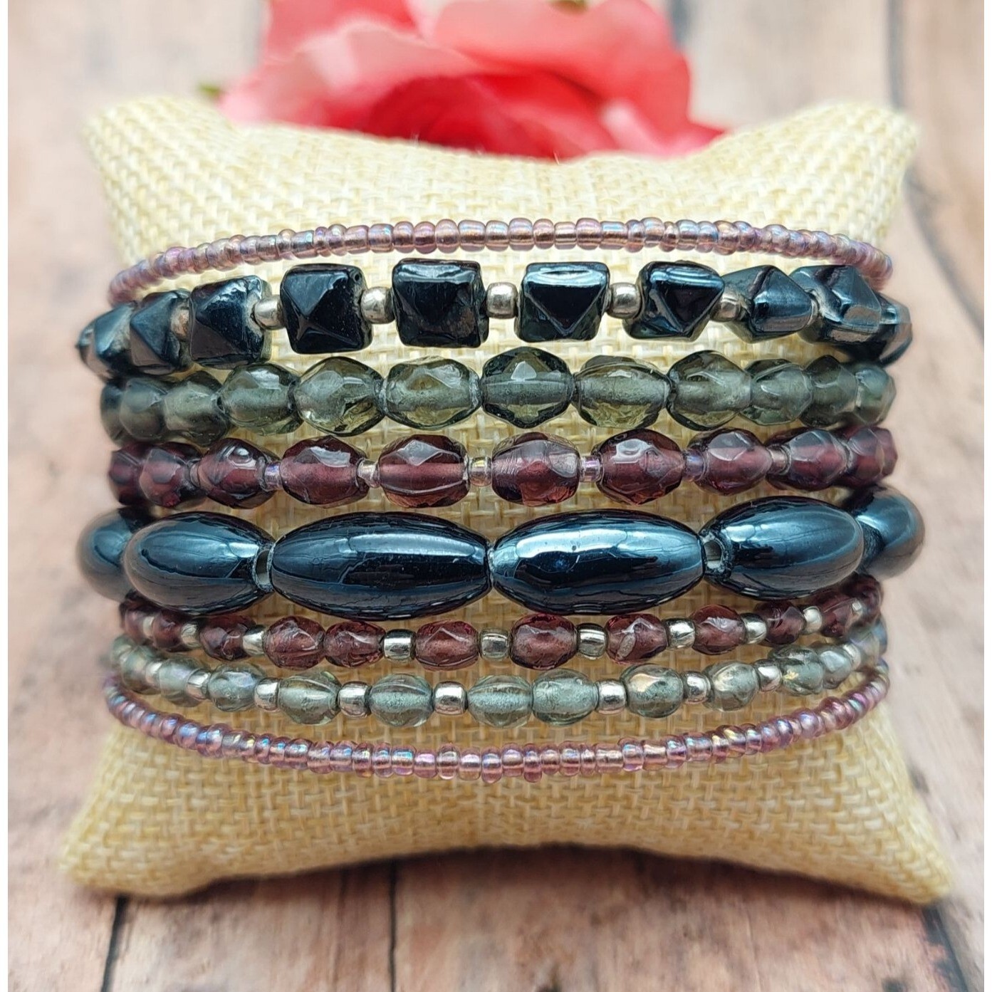 Boho Beaded Memory Wrap Bracelet Multi Strand Pur… - image 3