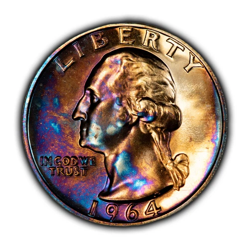 1964 25c Washington Quarter - Electric Neon Rainbow Toning - GEM Proof - Z4664