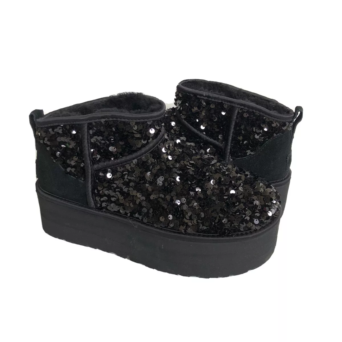 UGG CLASSIC ULTRA MINI CHUNKY SEQUIN PLATFORM BLACK BOOT US 8 / EU 39 / UK 6