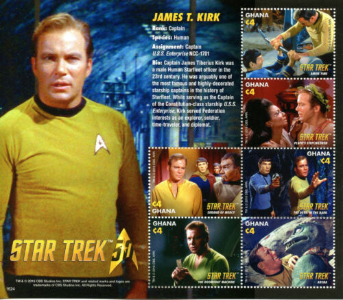 Ghana 2016 MNH Star Trek 50th Anniv Captain James Kirk 6v M/S Stamps - 第 1/1 張圖片