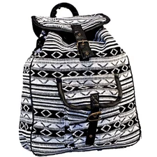  White and Black Trimmed Cotton Geometric Hippie Boho Cinch Sack Backpack