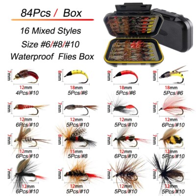 Fly Fishing Flies Kit Fly Lures Bass Salmon Trouts Flies Dry/Wet Fishing Bait
