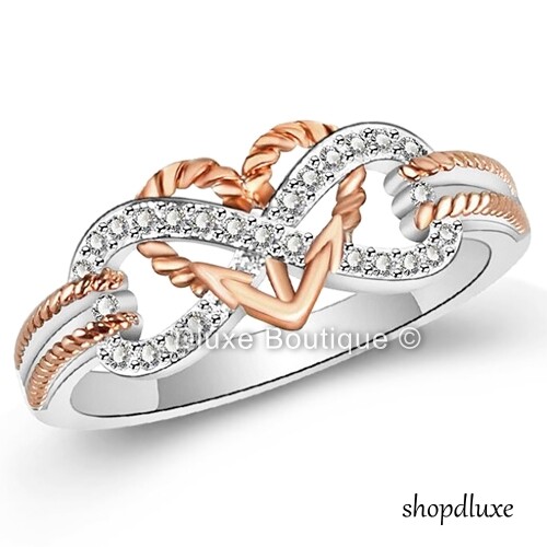 925 Sterling Silver Rose Gold Plated Infinity Knot Heart Promise Ring