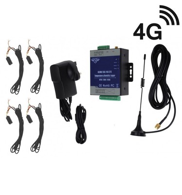 4 x Kanal 4G Temperatur-, Luftfeuchtigkeits- & Stromstatusmonitor & 4 x 5 Meter Sonden