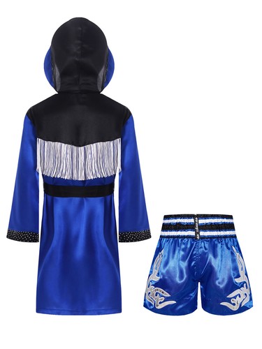 Kid Boys Boxing Outfits Metallic Satin Hooded Robe Cloak and Belt Shorts Set - Picture 18 of 84