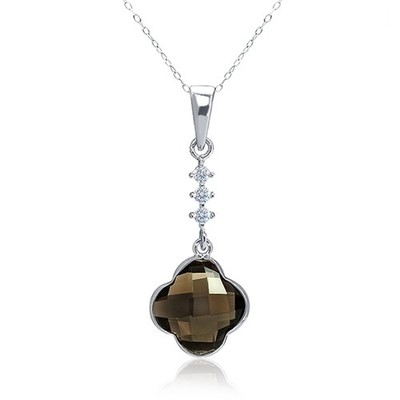 925 Silver Smokey Quartz Clover 1 Pendant with Zirconia on Chain