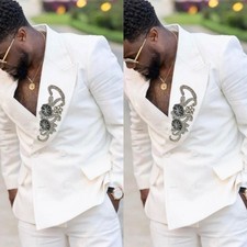 Men's White Double Breasted Suit Fashion Applique Casual Party Banquet Blazer