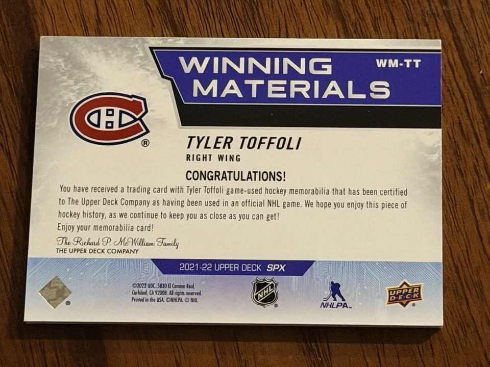2021-22 Upper Deck SPx Tyler Toffoli Winning Materials Premium Patch /49 MTL - Image 2 of 2
