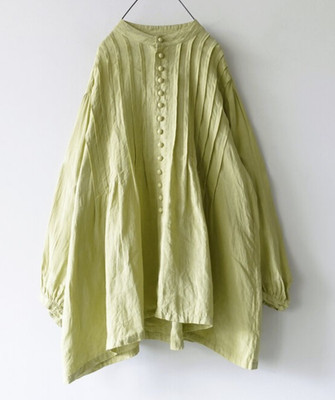 ICHI Antiquites French Linen Pintuck Long Sleeve Blouse Green NEW
