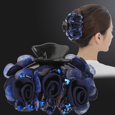 Women's Hair Accessories, Navy Blue Rose Flower Barrettes, Rhinestone Double ...