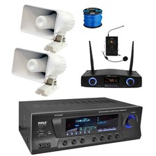 Home Bluetooth Receiver Bundle, Microphone, 2x 6" Indoor/Outdoor Speakers, Wire