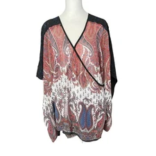 Poeme by Citron Womens Medium Blouse Wrap Top Black Printed Dolman Sheer Lace