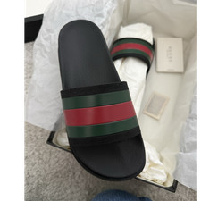 Gucci Men's Rubber Slider Sandals Black Green Red Web Stripe Logo UK 5