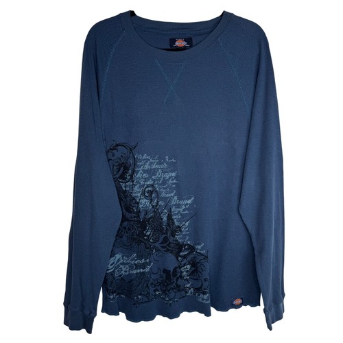VTG Y2K Dickies Mens XL Blue Graphic Crewneck Waffle Knit Long Sleeve Shirt