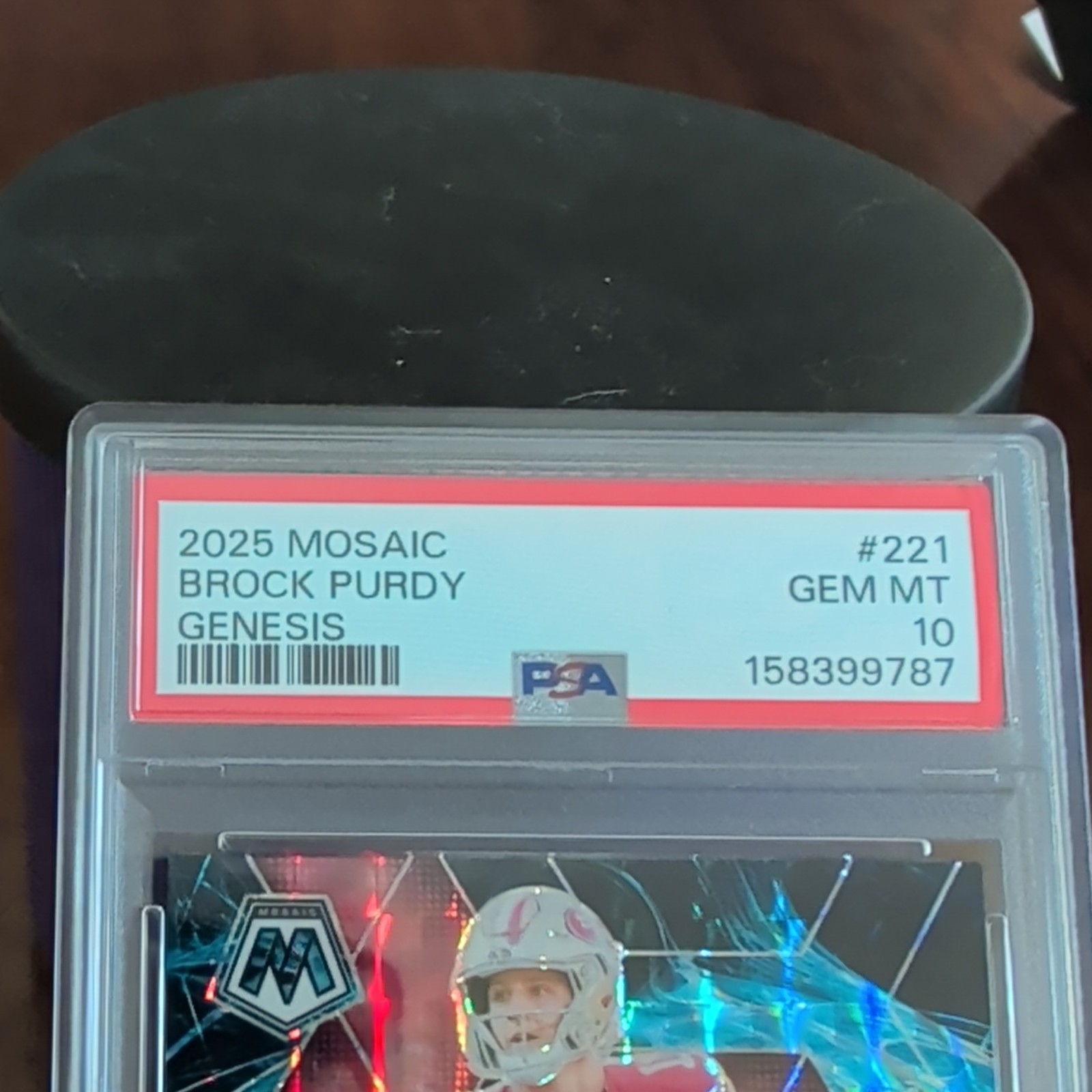 Brock Purdy Genesis Mosaic Prizm case hit.  #221 49ers PSA gm mnt 10 view 3