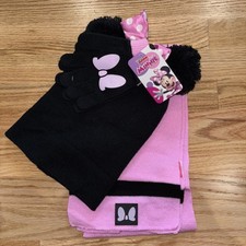 Disney Minnie Mouse Beanie Hat Girl Toboggan Gloves Scarf Mitten Set Pom Ear Bow