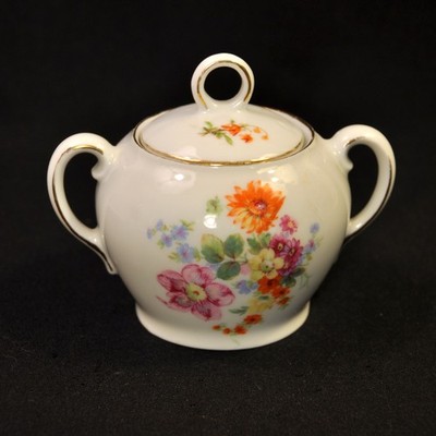 Victoria Schmidt Austria Sugar Bowl w/Lid 2 Handled 1918-1939 Floral Gold