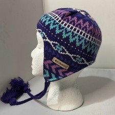 Columbia Omni-Heat Knit Peruvian Beanie Ear Flap Hat Purple Fair Isle Tassels