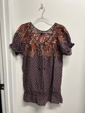 Nine West Womens Peasant Top Grommets, Beads, Ruffles Wine Paisley Large Boho