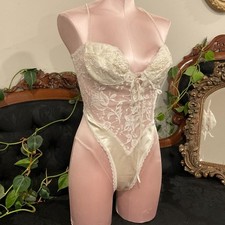 Vintage lingerie Floral Lace Satin Teddy Bodysuit W/ Pearl Straps Size S White