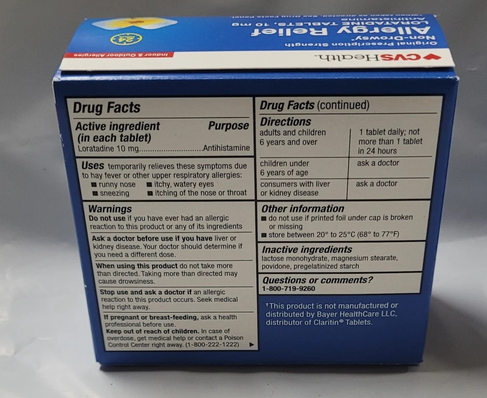 CVS HEALTH ALIVIO DE ALERGIAS LORATADINA 10mg - 100 COMPRIMIDOS CADA UNO - CADUCIDAD 05/2026 Foto 3 de 4