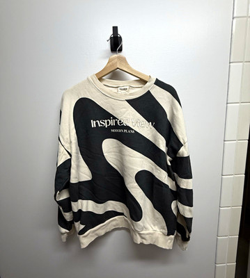 PULL&BEAR Men's Black/Cream Crewneck Graphic Fleece Pullover Sweatshirt M
