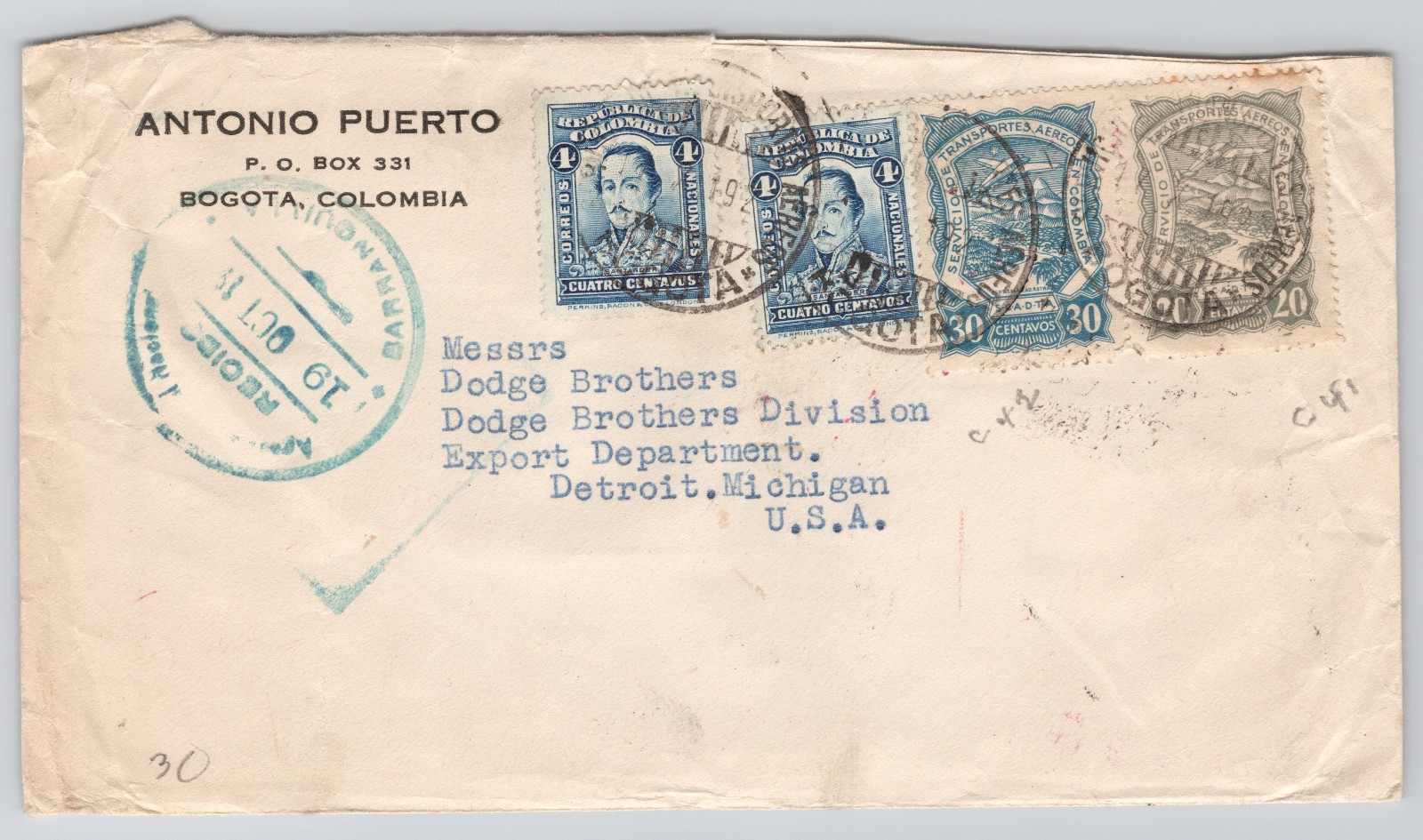 SCADTA Colombia Airmail Cover Dual 20c 30c Franking Bogotá–USA Dodge Bros 1927