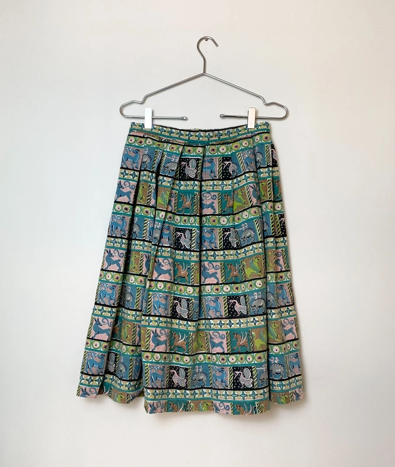 VTG 1950s Size S [ Full Skirt ] Linen Graphic Block Print Ancient Greece