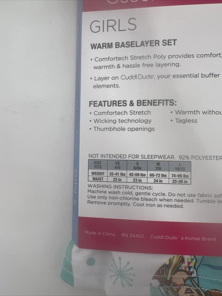 Brand New Cuddl Duds Girls Barbie 2 Piece Baselayer Set Size Large 10/12 - Image 4 of 4