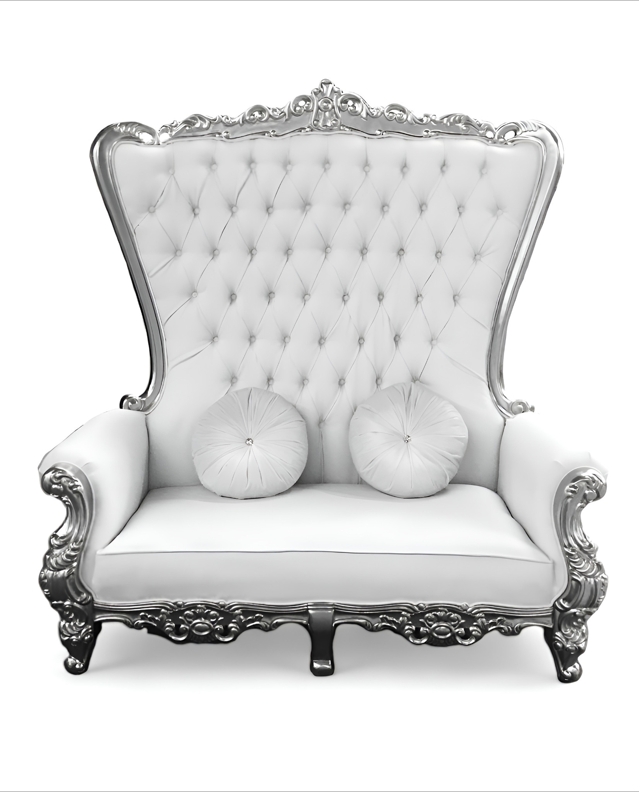 Queen Throne In White Leather Silver Frame