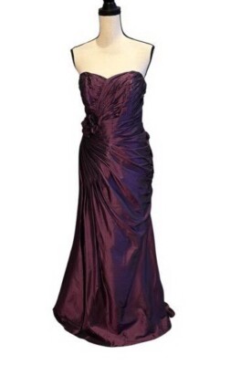Bari Jay Purple Plum Strapless Mikado Taffeta Ruched Gown size 14 $199