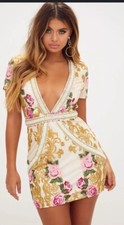 Prettylittlething premium Flower embroidered Pearl gold Beads dress Size2
