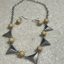 Necklace Earring Set Silver Color And Wood Like Beads Short Fashion Jewelry