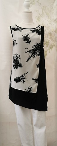 Como Nuevo Top de Terciopelo Damas Talla 12 Negro Blanco Gris Floral Túnica Sin Mangas Cuello Redondo - Imagen 21 de 24