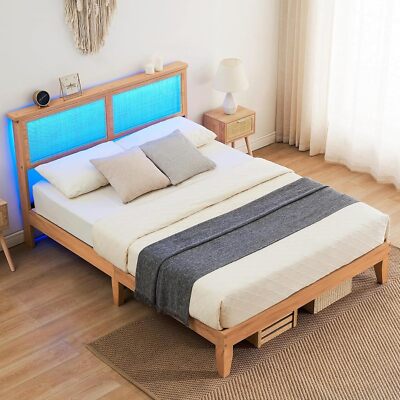   Rattan Queen Platform Bed Frame with Rattan Headboard and Led Light Slat Supp