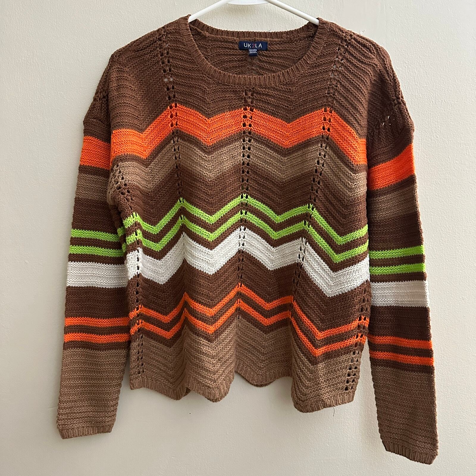 UK2LA Open Knit Chevron Stripe Sweater Preppy Academia Lightweight SMALL Retro