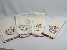 Vintage Set of 4 Embroidered Farm Animal Tea Towels Linen 17x26 Mid Century