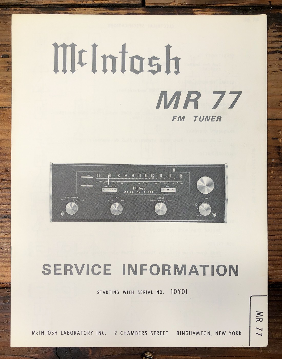 McIntosh MR-77 MR77 Tuner Starts 10Y01 Service Manual *Original*