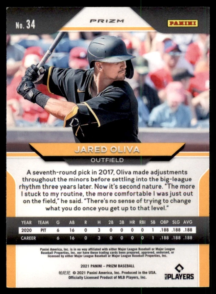2021 Panini Prizm Jared Oliva RC Pittsburgh Pirates #34 - Image 2 of 2