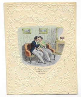 W40 VICTORIAN PAPER LACE VALENTINE CARD COUPLE EARLY PRINTED IMAGE