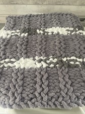 Finger Knitting Blanket All Sizes Are Approximate Greys & White with Cable Knit