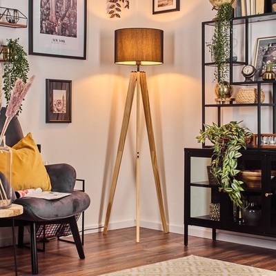 Skandinavische Boho-Style Stehlampe & Stehleuchte aus Holz & Metall, Stoffschirm