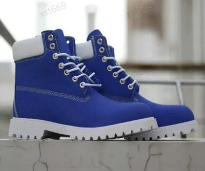 Blue White Lace-Up Men's Ankle Boots Leather Upper Contrast Stitching