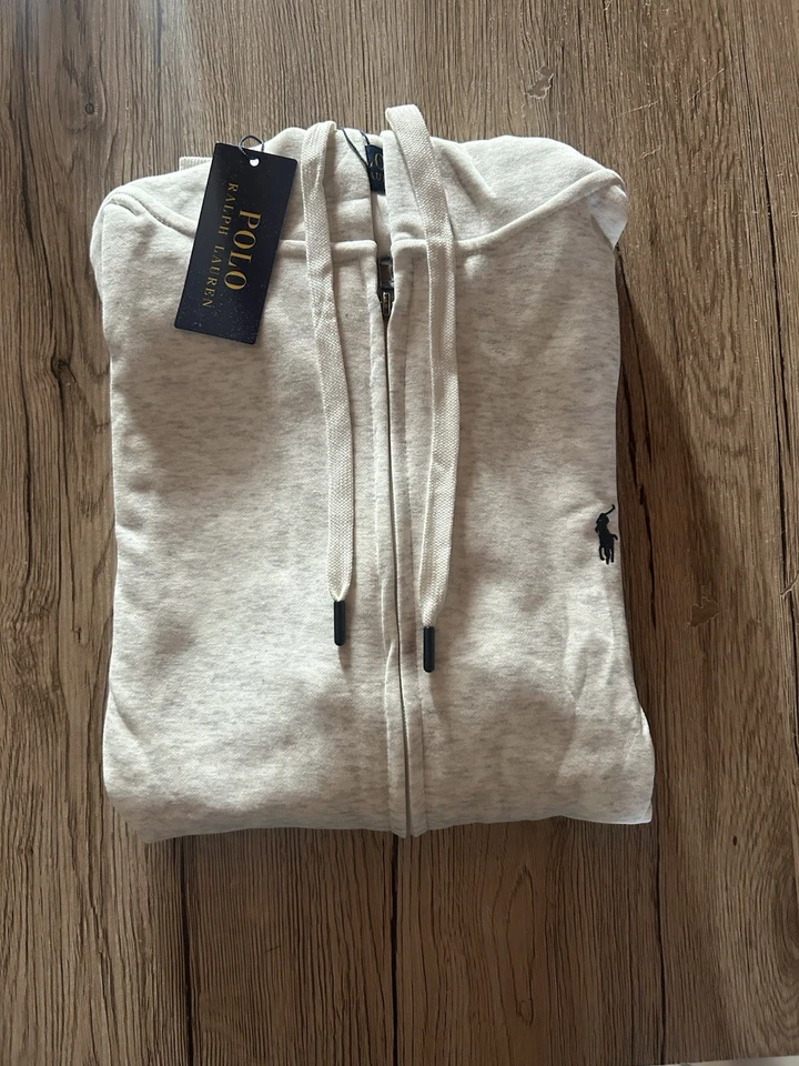 Polo Ralph Lauren sweat à capuche zippé beige chiné homme XL logo coton - Photo 2/4