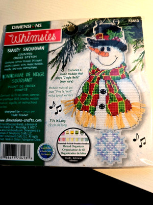 Dimensions Counted Cross Stitch New Ornament, ''SMILEY SNOWMAN ,musical 6 1/2''