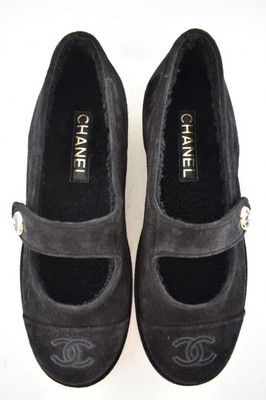 Chanel 25B Black Suede Shearling Fur Mary Jane Moccasin Ballet