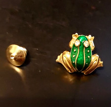 Frog Enamel Lapel Pin Tie Tac Brooch Gold Tone with Rhinestone Eyes So CUTE