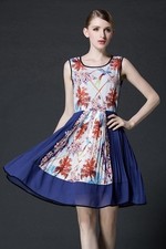 Floral Print Color Block Pleated Chiffon Skater Dress Perfect For Summer