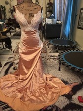 Handmade Peach Satin Lace Sleeveless Mermaid Wedding Dress with Train