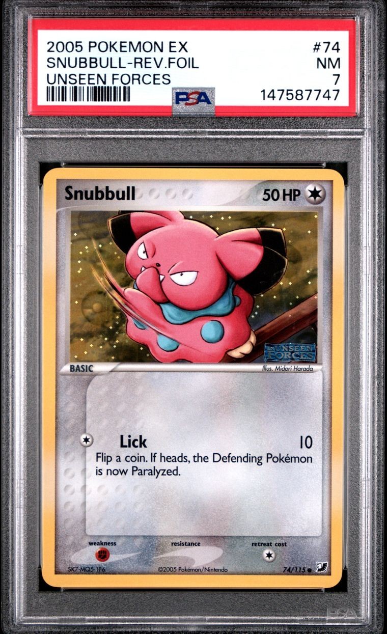 PSA 7 NM 2005 POKEMON EX UNSEEN FORCES #74 Snubbull REVERSE HOLO FOIL